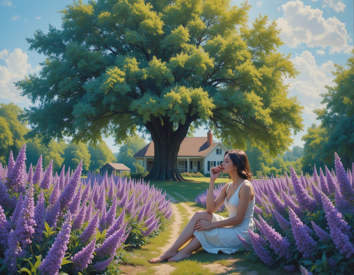 Person smelling a walnut in a blooming lilac garden