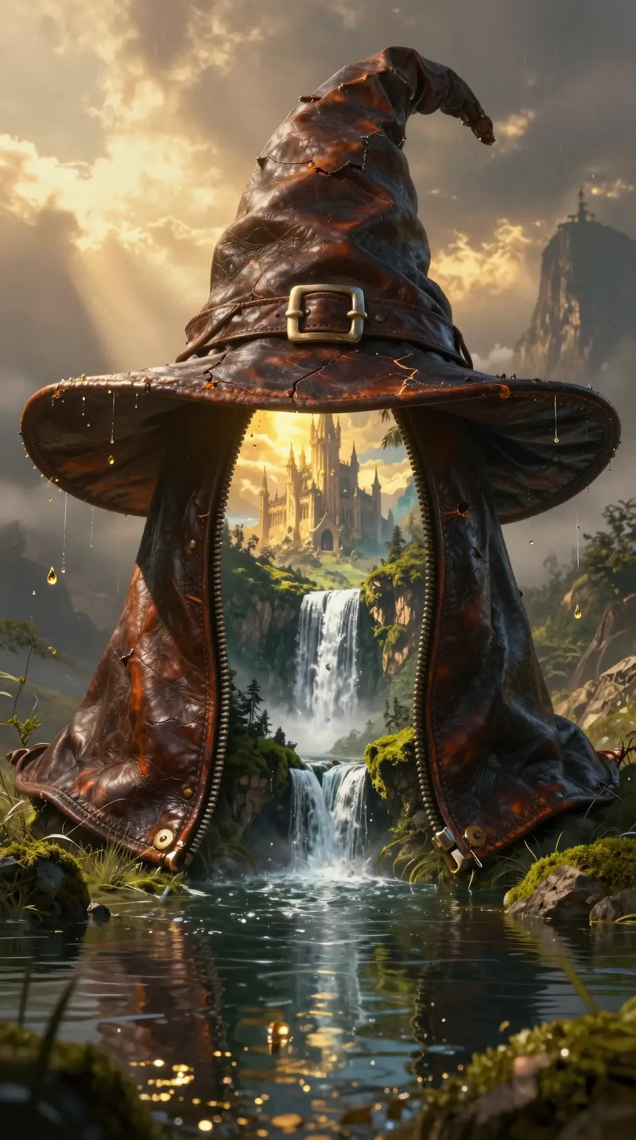 Surreal wizard hat portal opening onto hidden valley