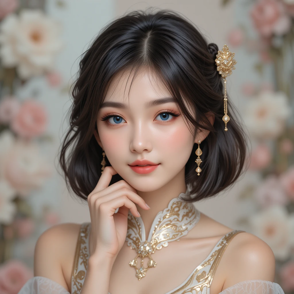 Elegante ritratto di ragazza anime con dettagli floreali dorati