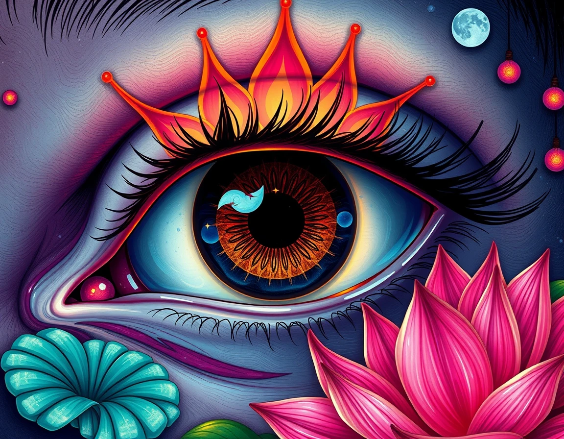 Surreales Nachtauge mit flammenden Lotus-Zornesfalten