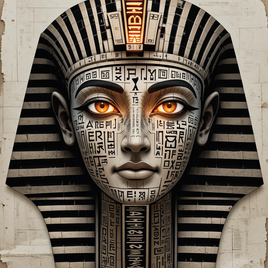 Hieroglyphisches Pharaonengesicht aus leuchtenden alten Symbolen