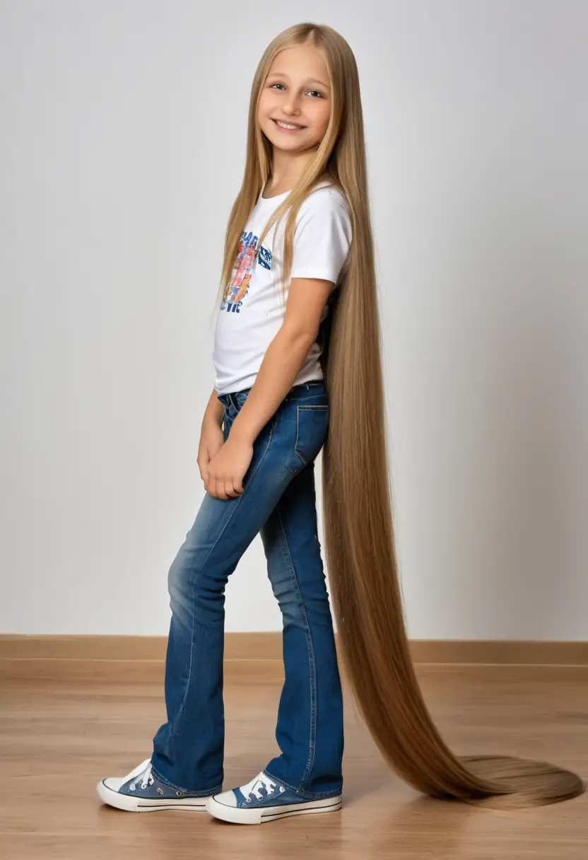 Smiling young girl with floor length straight hair in jeans