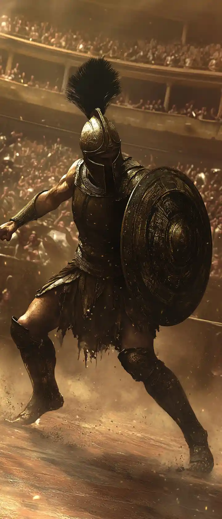 Ancient bronze warrior lunging forward in dusty arena