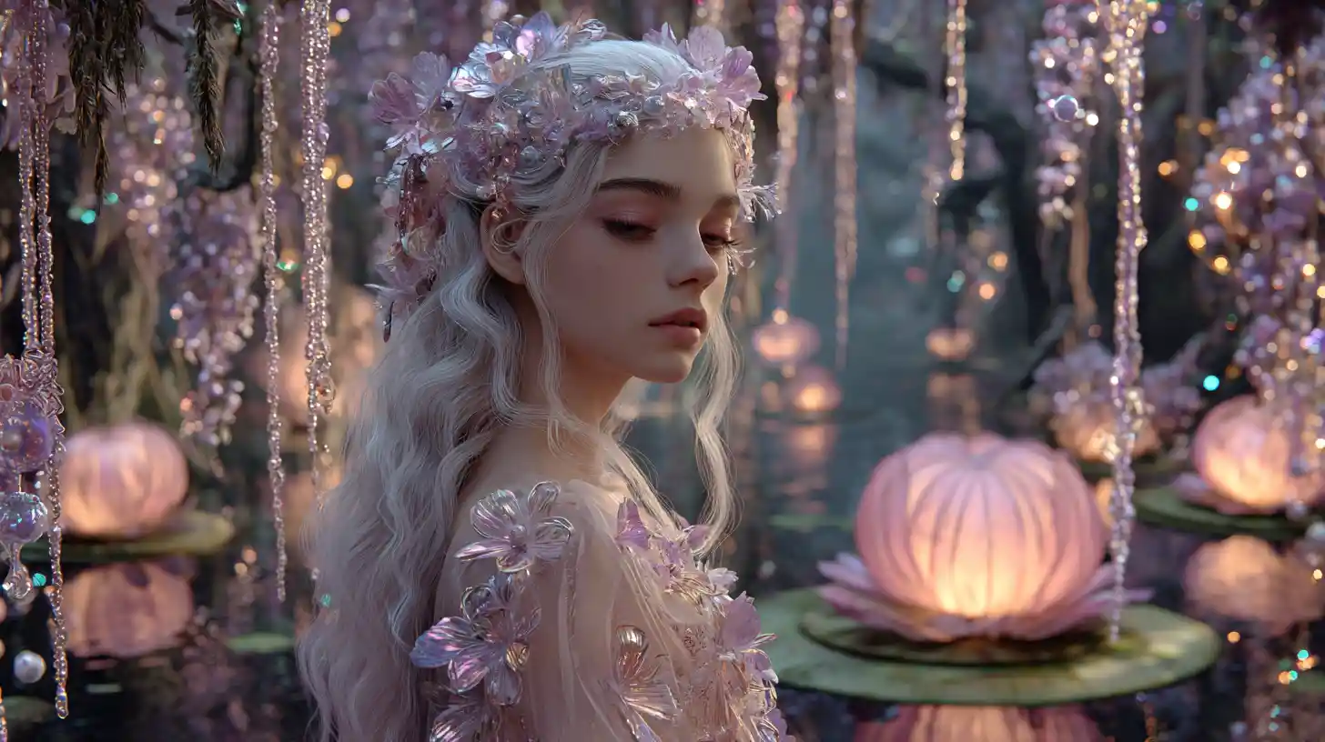 Serene forest spirit by a glowing crystal pond