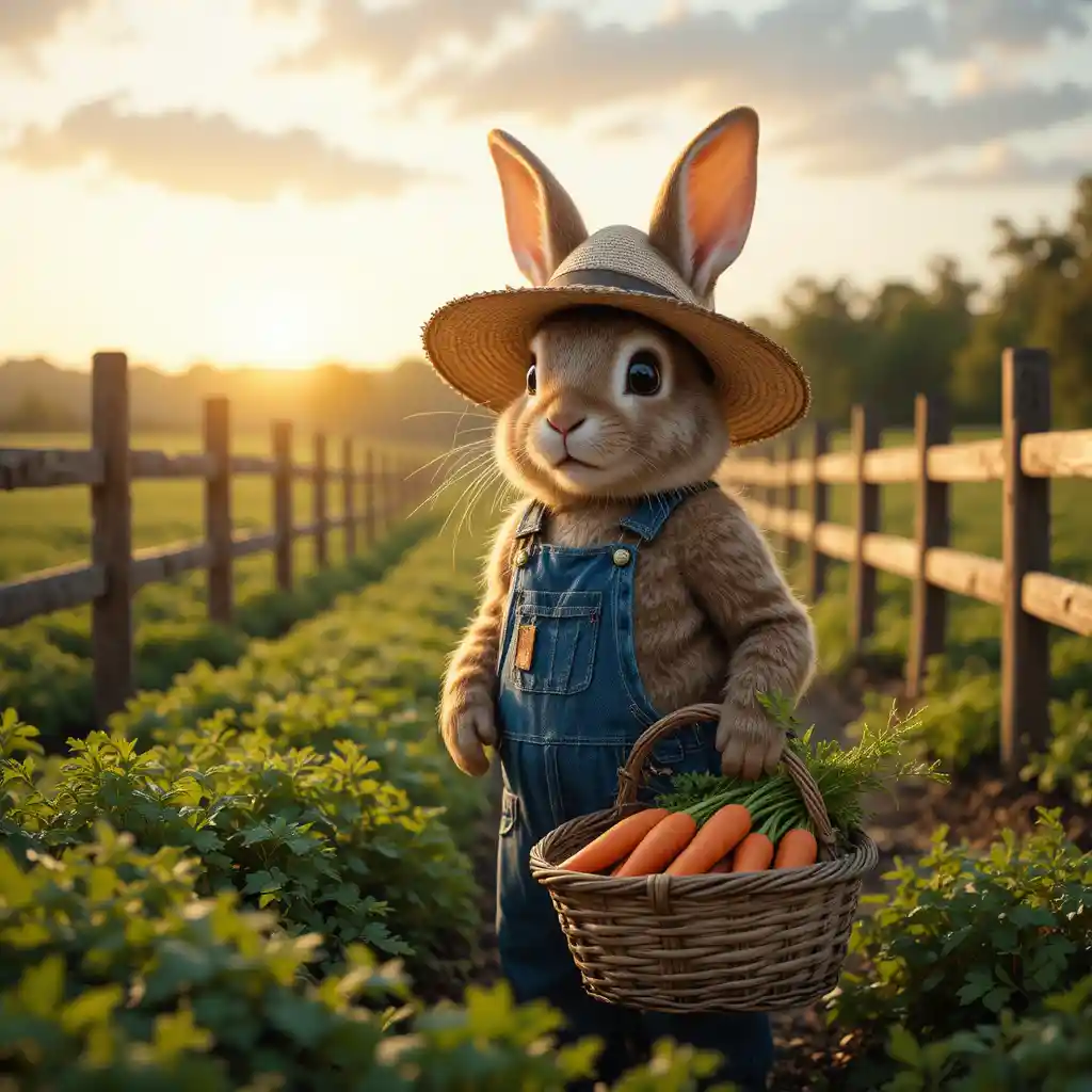 Rabbit farmer in denim overalls at sunrise in green fields