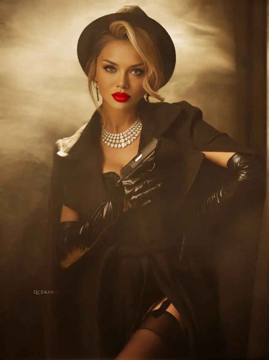 Retrato de mujer glamurosa con gabardina negra y sombrero
