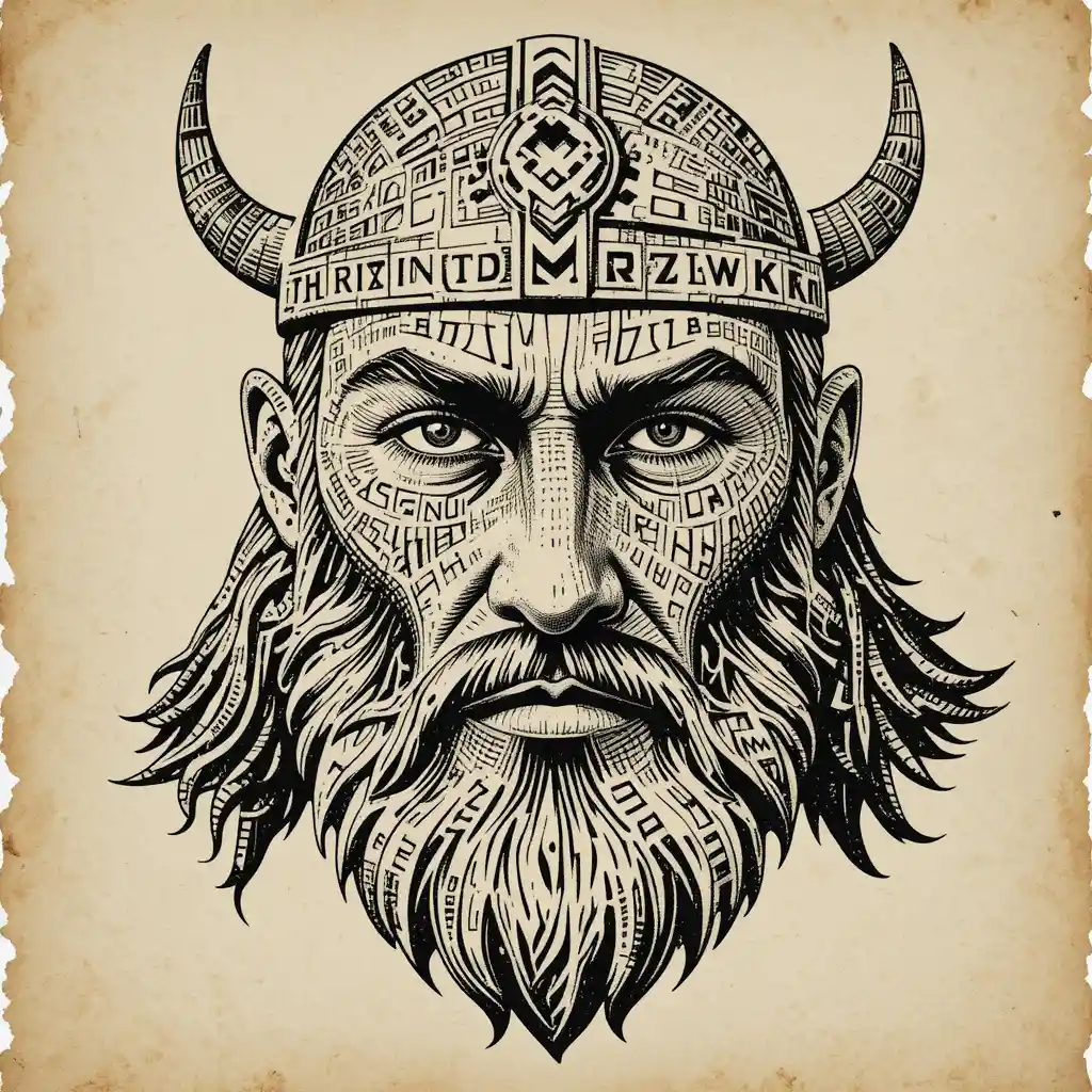 Viking warrior face built entirely from runic typography