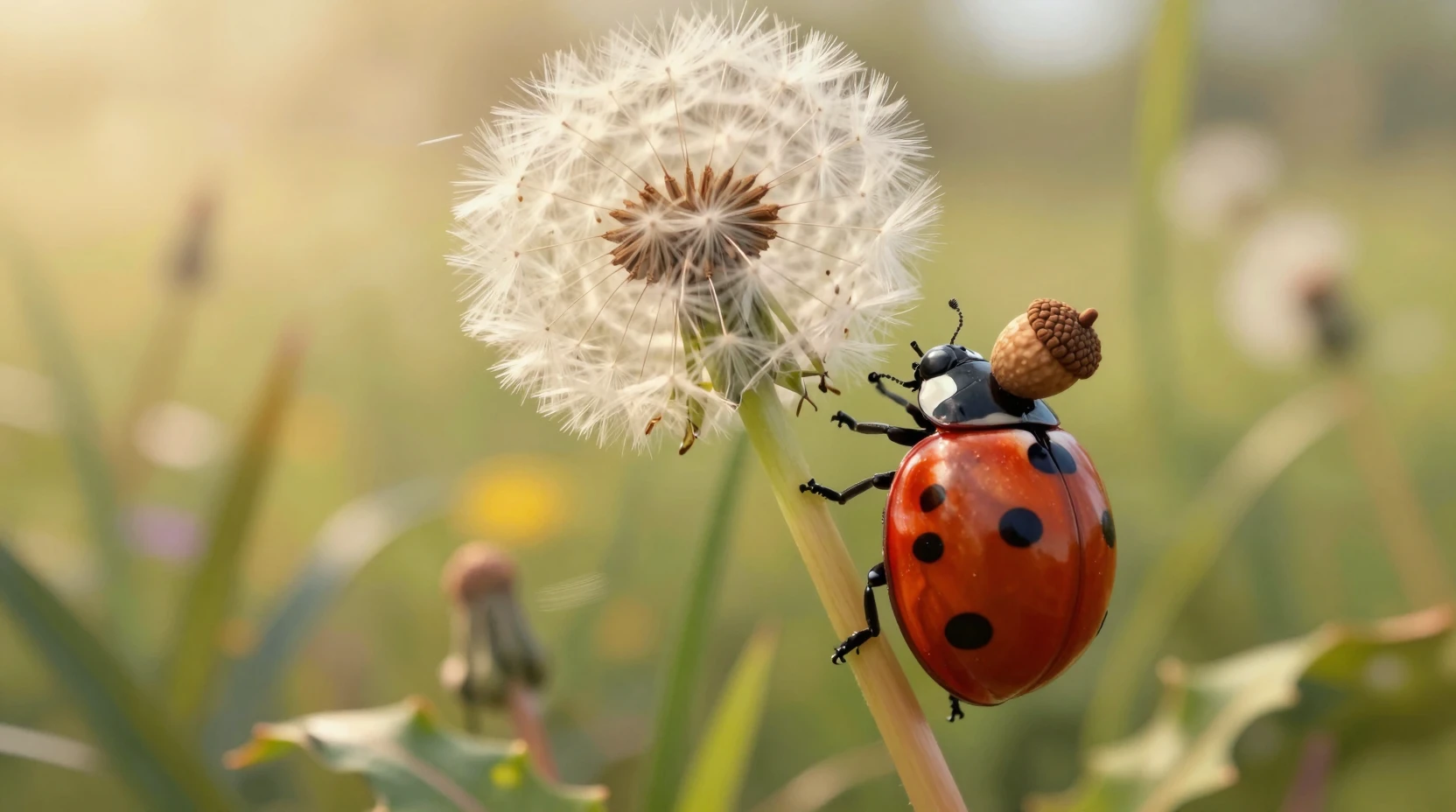 Coccinelle héroïne sur tête de graine de pissenlit à l’heure dorée