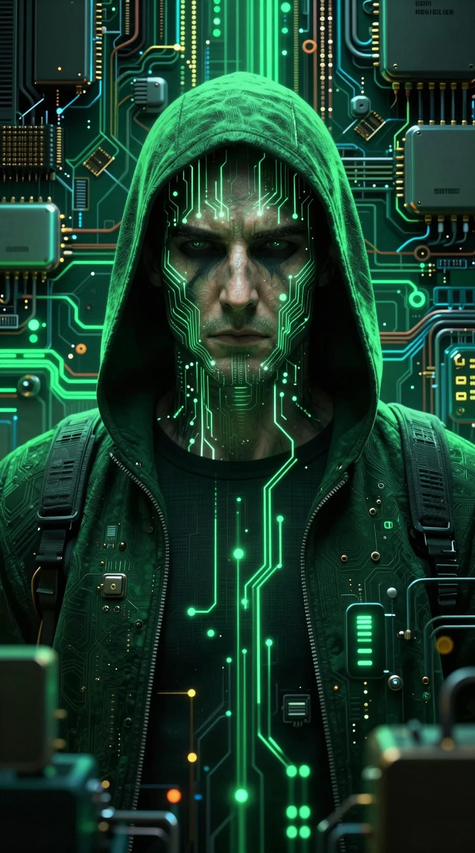 Figura cyber incappucciata fusa con circuiteria luminosa di una scheda madre