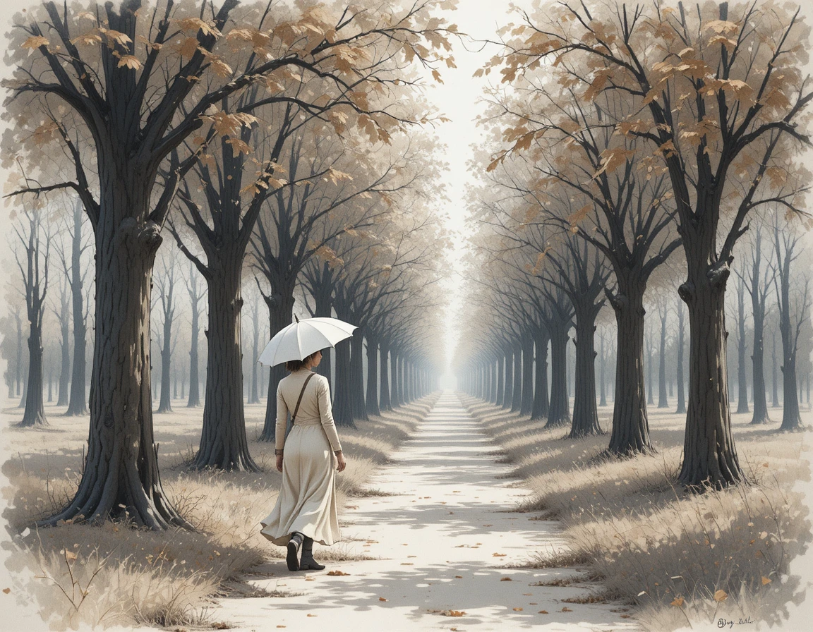 Woman walking beside a man through a quiet autumn park