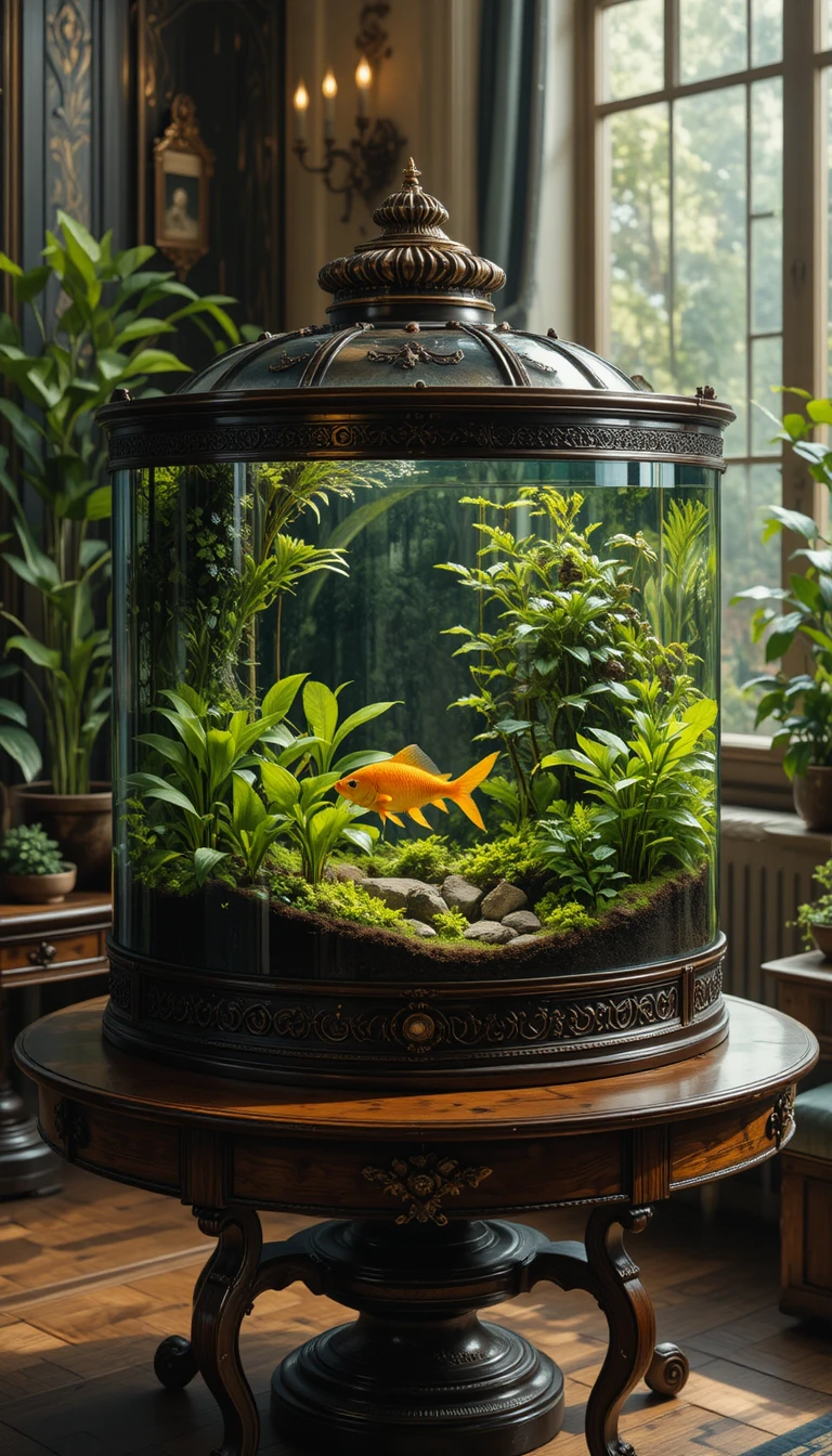 Acquario ornamentale con pesci dorati su tavolo di legno