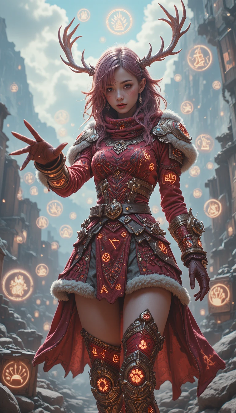 Anime mage girl with glowing runes and reindeer antlers