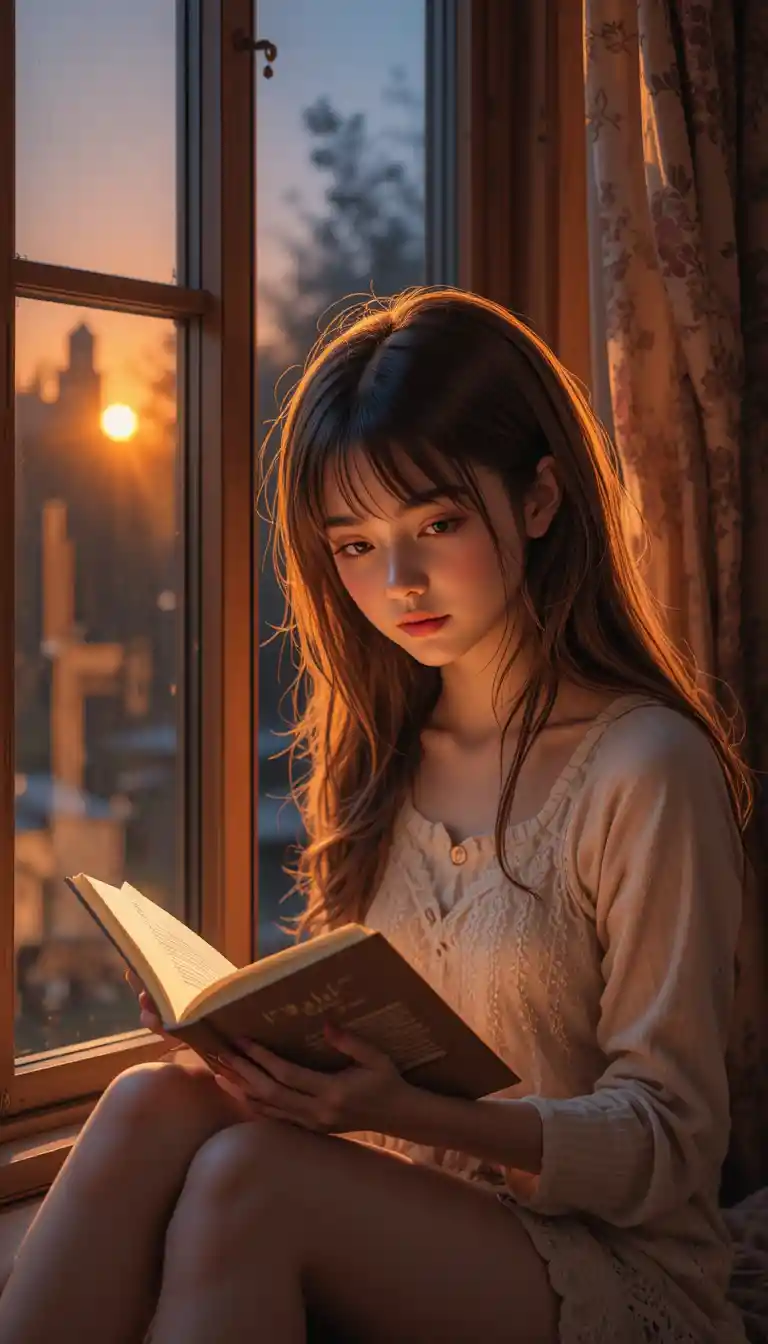 Teen girl reading by a window in warm evening light