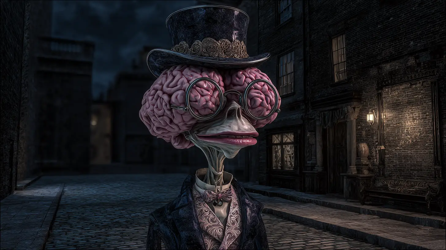 Cervello gentiluomo elegante che passeggia nei cupi vicoli della Londra vittoriana