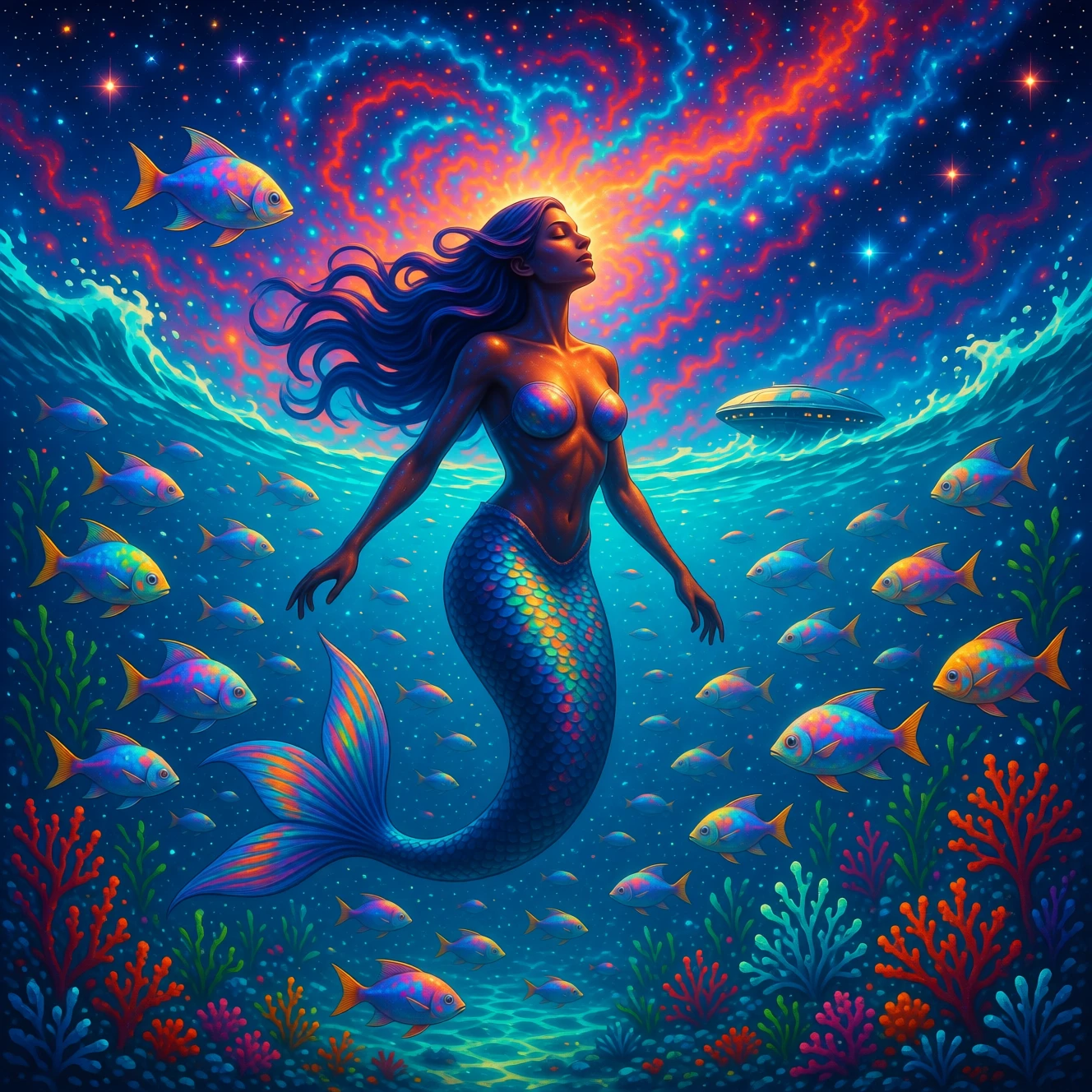 Sirena cosmica alla deriva in una vibrante galassia sottomarina