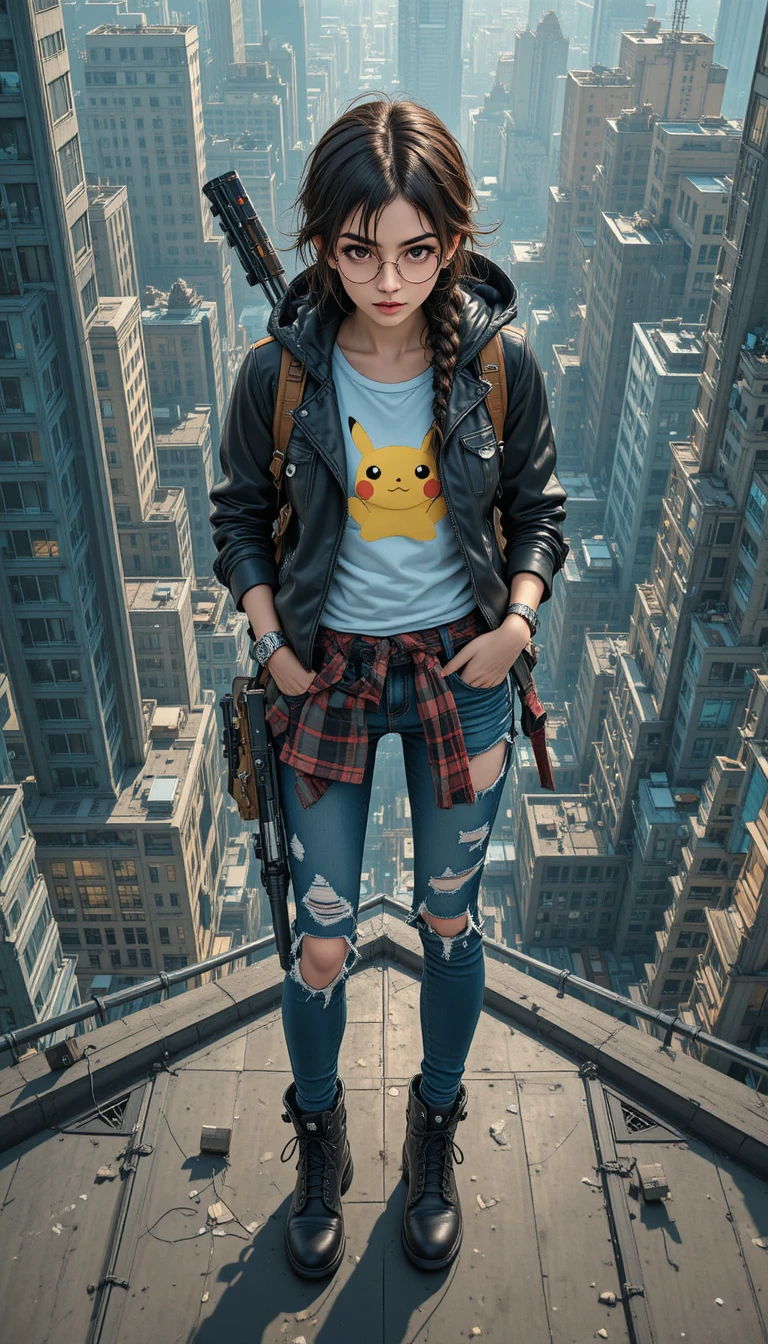 Edgy girl on a city rooftop with crossbow gear