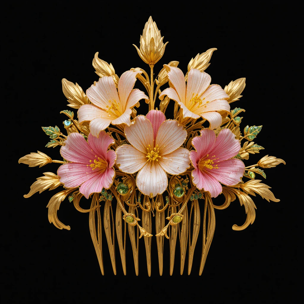 Goldene Freesien-Haarkamm mit rosa und gelben Topasblüten