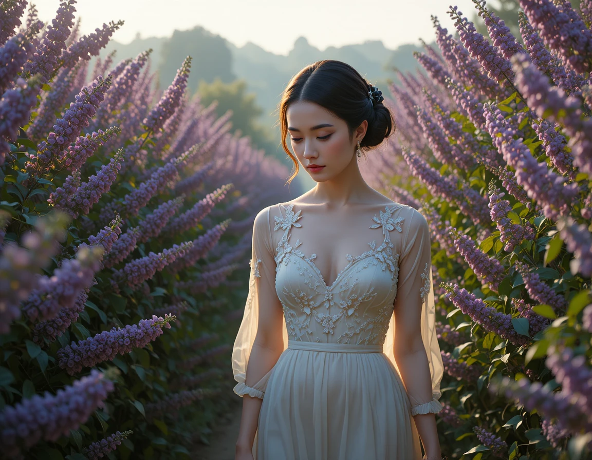 Elegant woman walking along lilac path at sunrise
