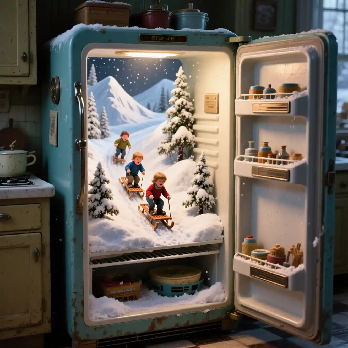 Miniature winter world inside a vintage kitchen refrigerator