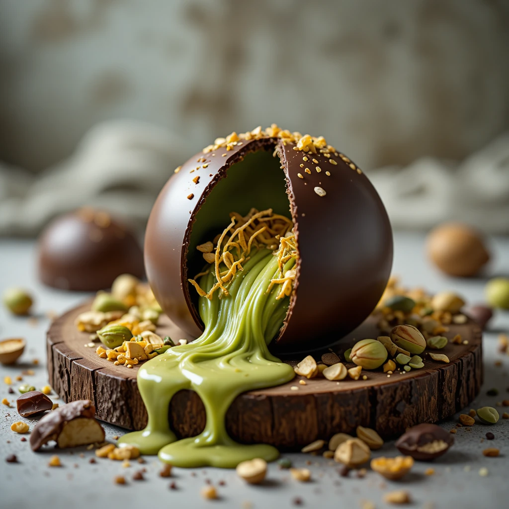 Luxurious chocolate dessert with pistachio cream and kataifi