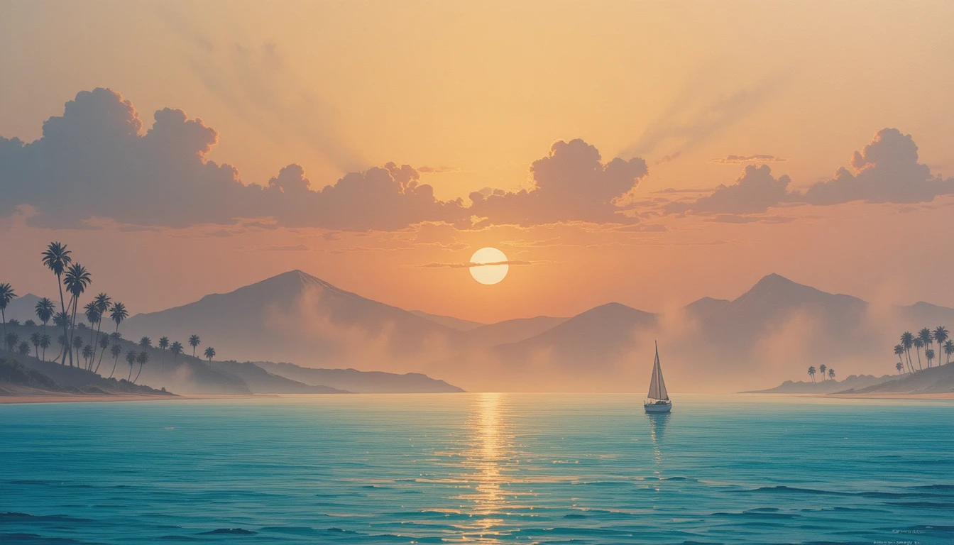 Sunrise over a tranquil sea with lone sailboat