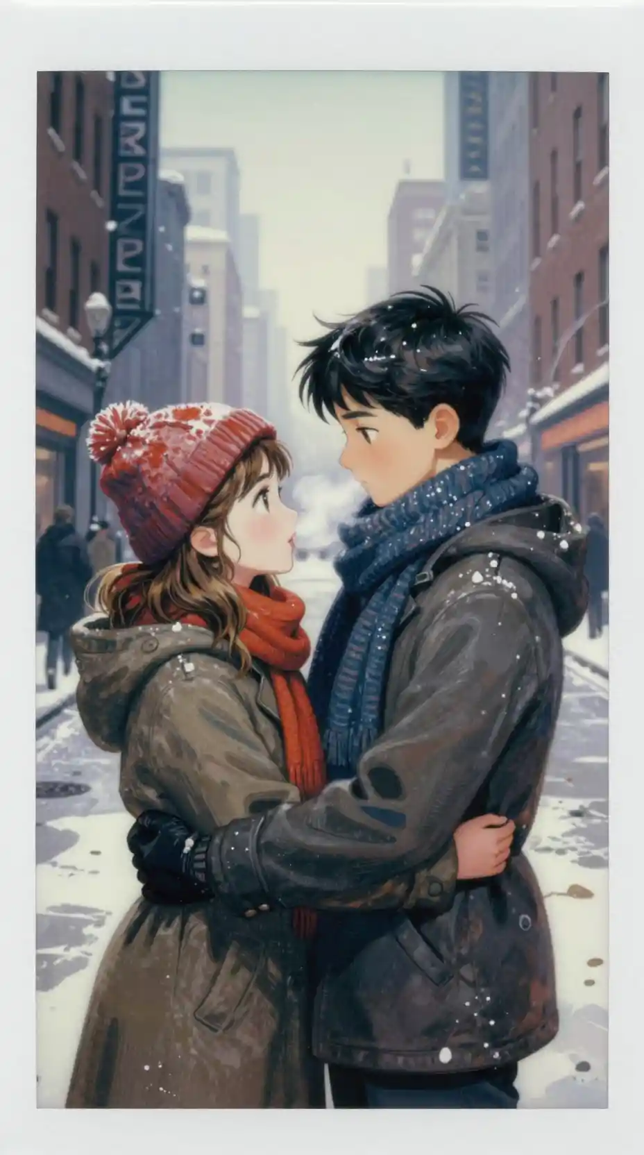 Boy and girl embracing on a winter city street