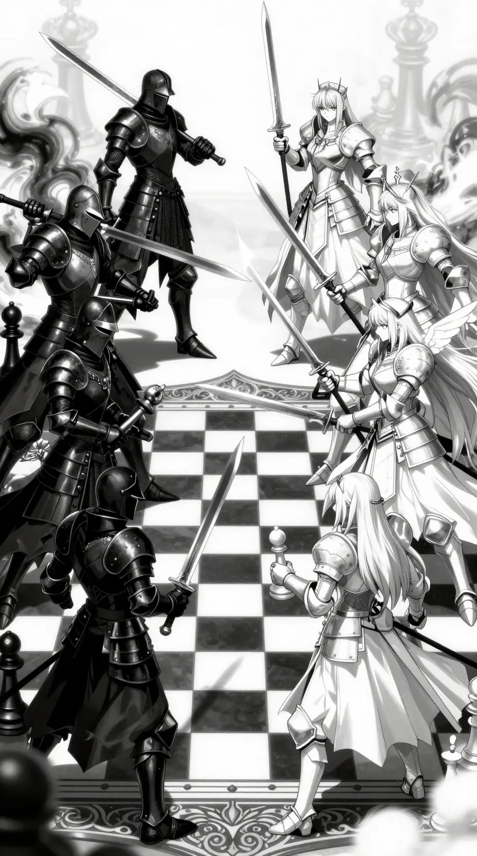 Anime Warriors As Chess Pieces On Epic Fantasy Board