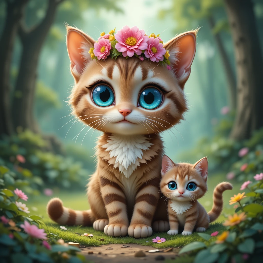 Süße braune Katze mit blauen Augen und Blumenkrone im Wald