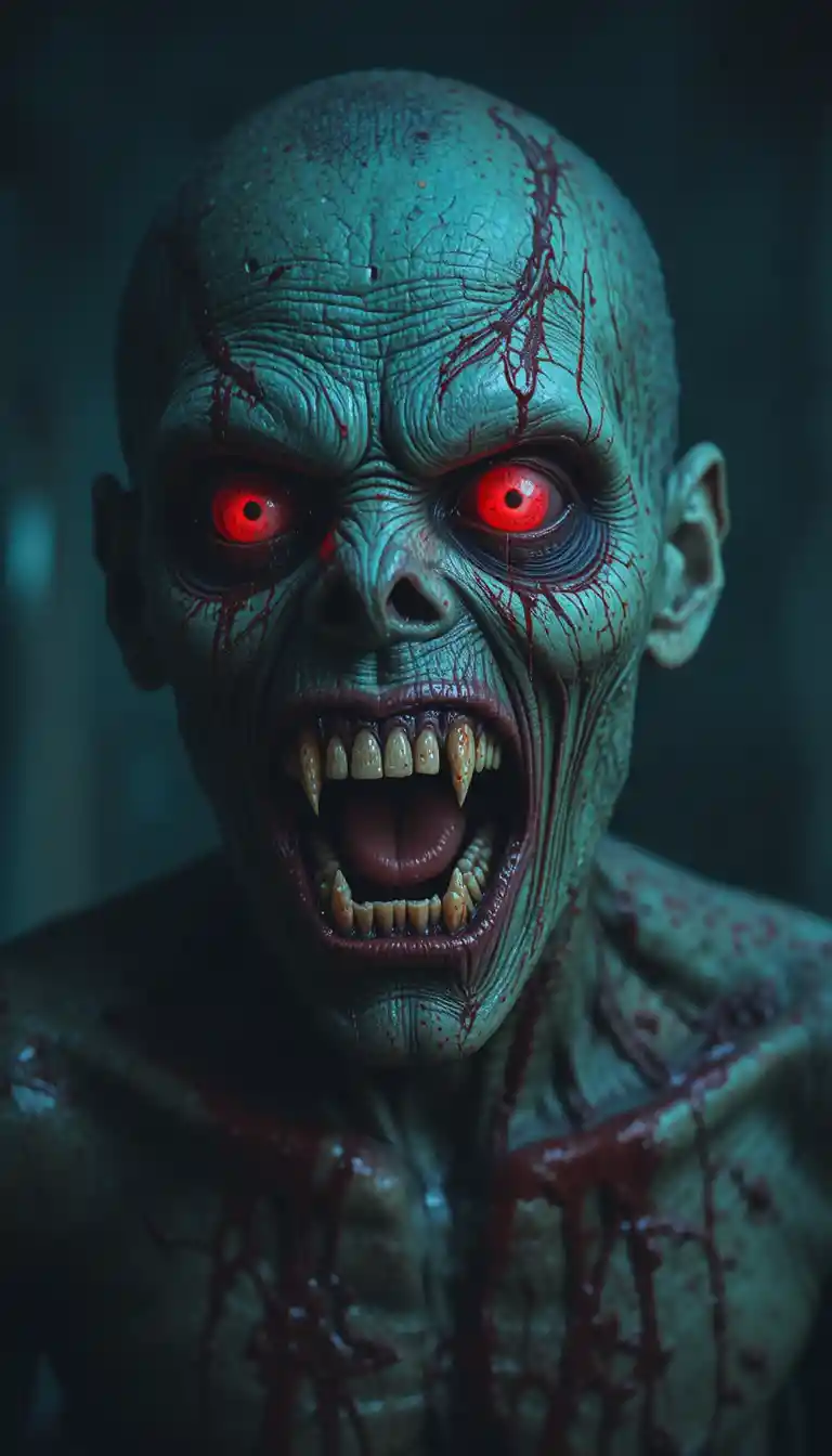 Terrifying zombie close up with glowing red eyes