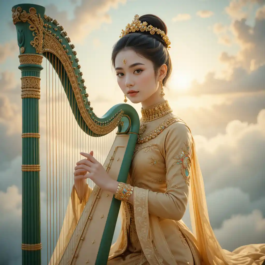 Khmer musician in golden costume playing harp in heavenly sky