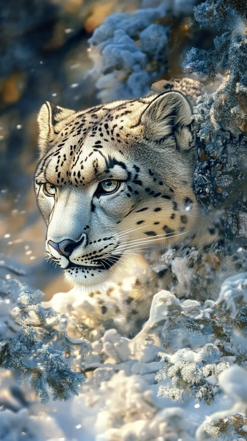 Surreal illusion of a snow leopard in a shifting scene