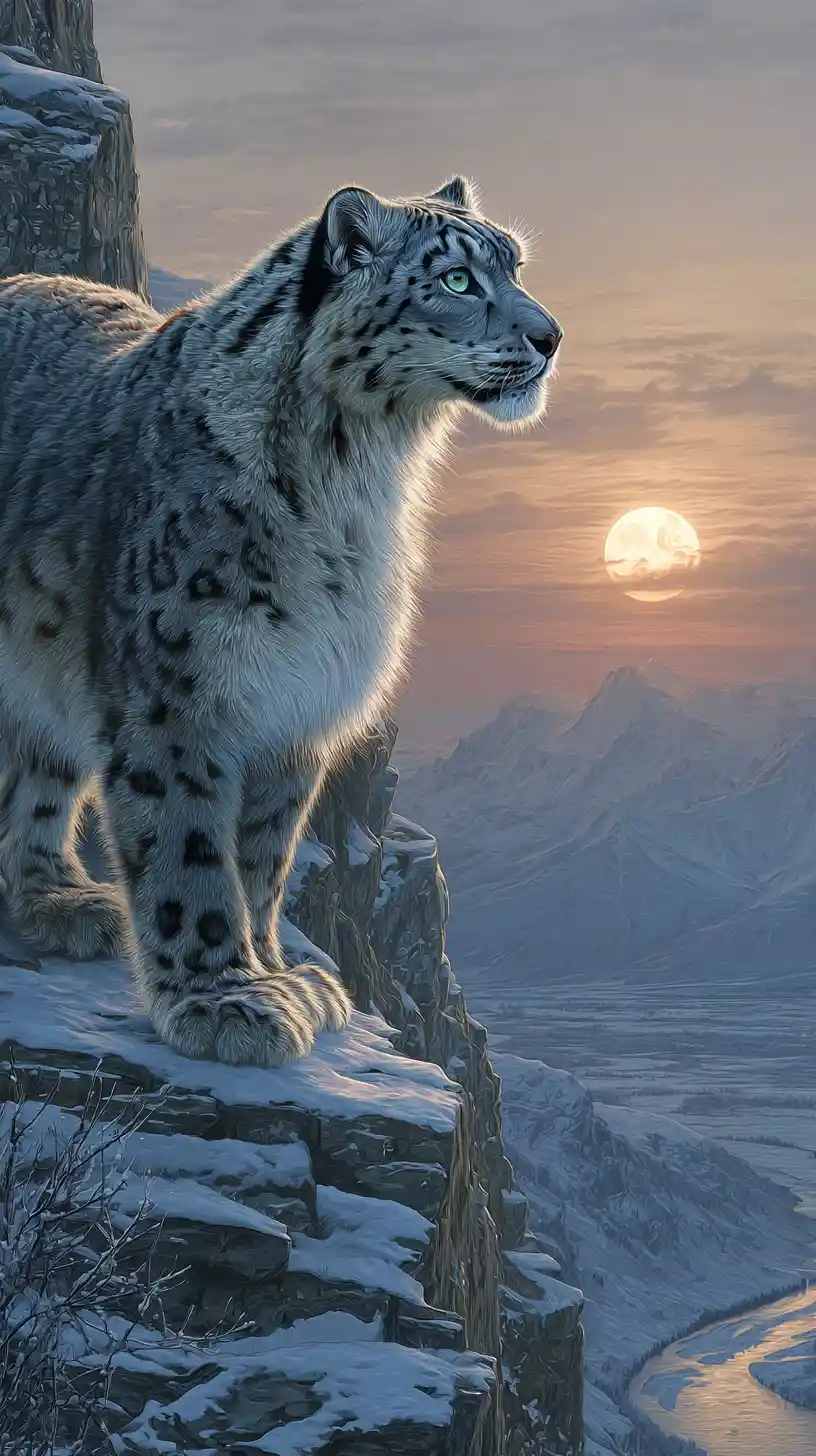 Leopardo de las nieves en un acantilado suizo nevado bajo la luna de la cosecha naciente