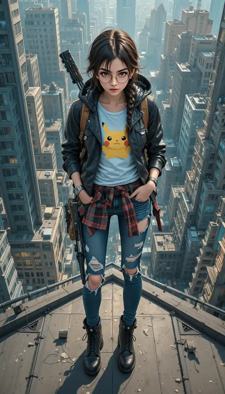 Edgy girl on a city rooftop with crossbow gear