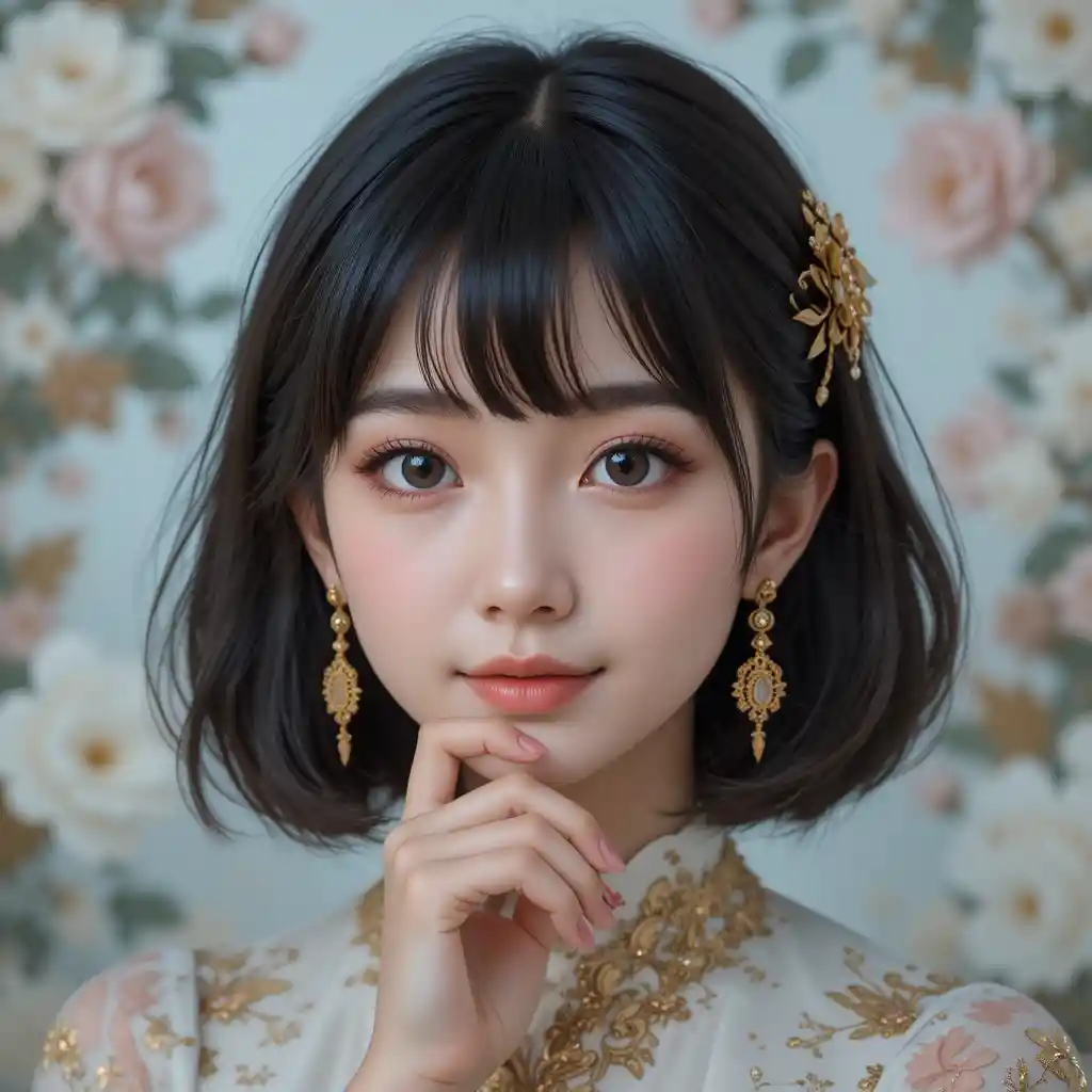 金色のアクセサリーを身につけた上品なアニメ風少女のポートレート