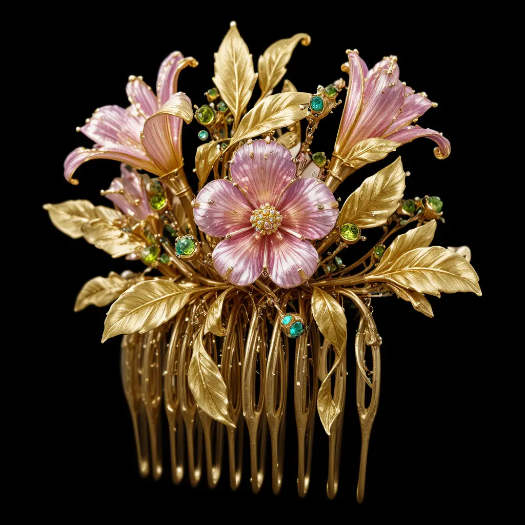 Pente de cabelo dourado ornamentado com design de flor de frésia em pedra preciosa