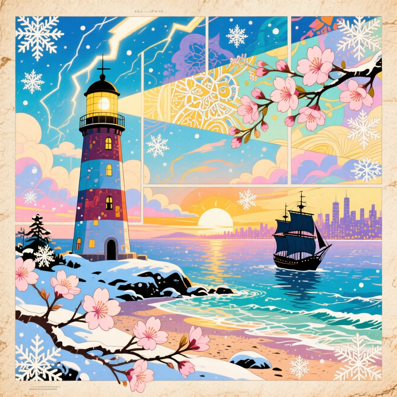 Impressionistische Leuchtturm-Collage auf gealtertem beigem Winterpapier