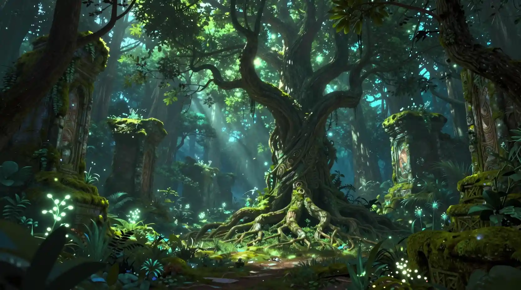Enchanted Forest Clearing With Ancient Ruins At Night