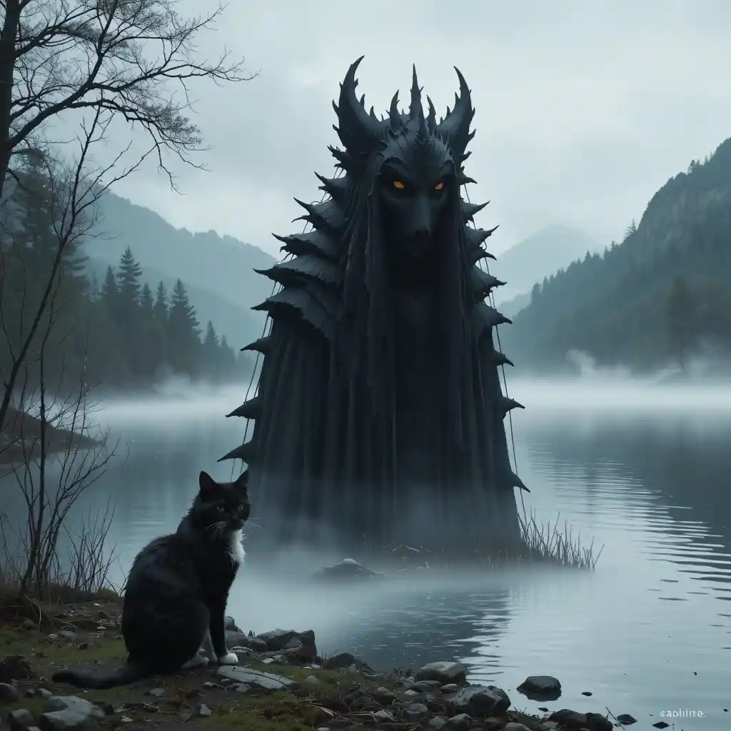 Dark mirrored cat looming over its original by a lake