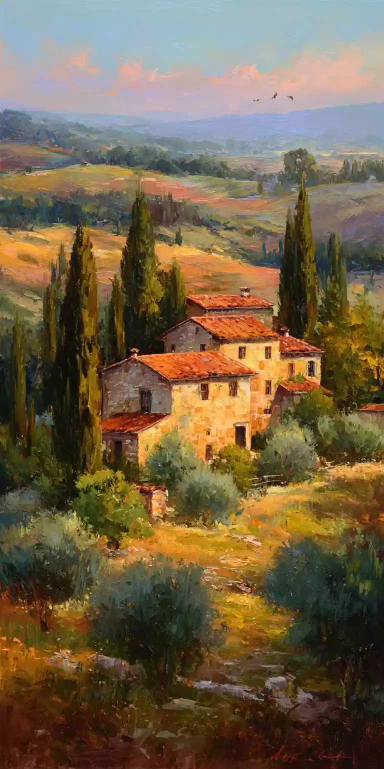 Peinture d’une ferme toscane sereine dans la lumière dorée de l’après-midi