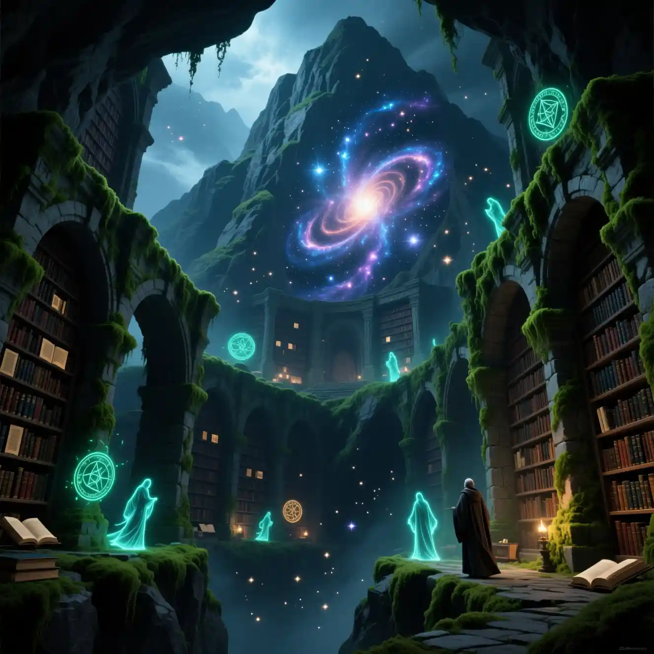 遠古山嶺圖書館綻放奧祕宇宙能量光芒