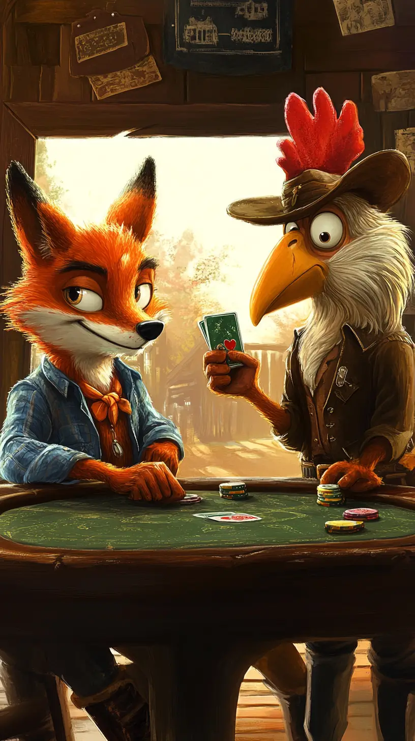 Cunning fox and clever rooster playing poker in a bar