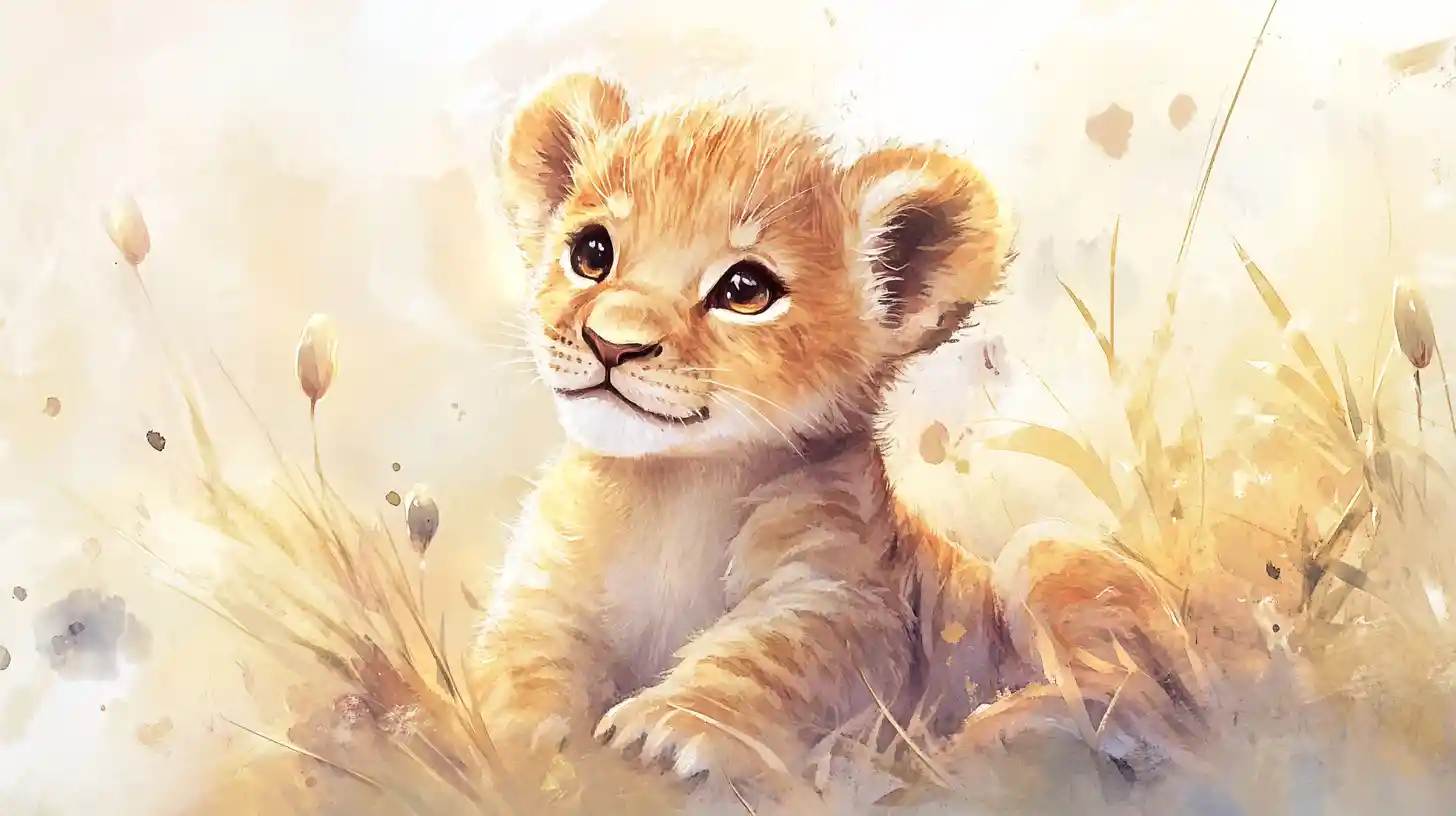 Adorable Baby Lion Cub In Soft Watercolor Savanna Scene