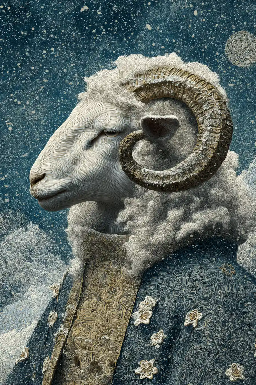 Ethereal anthropomorphic sheep in a snowy fantasy landscape