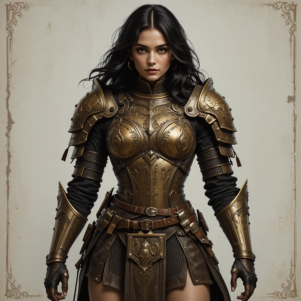 Fearless female warrior in ornate bronze fantasy armor