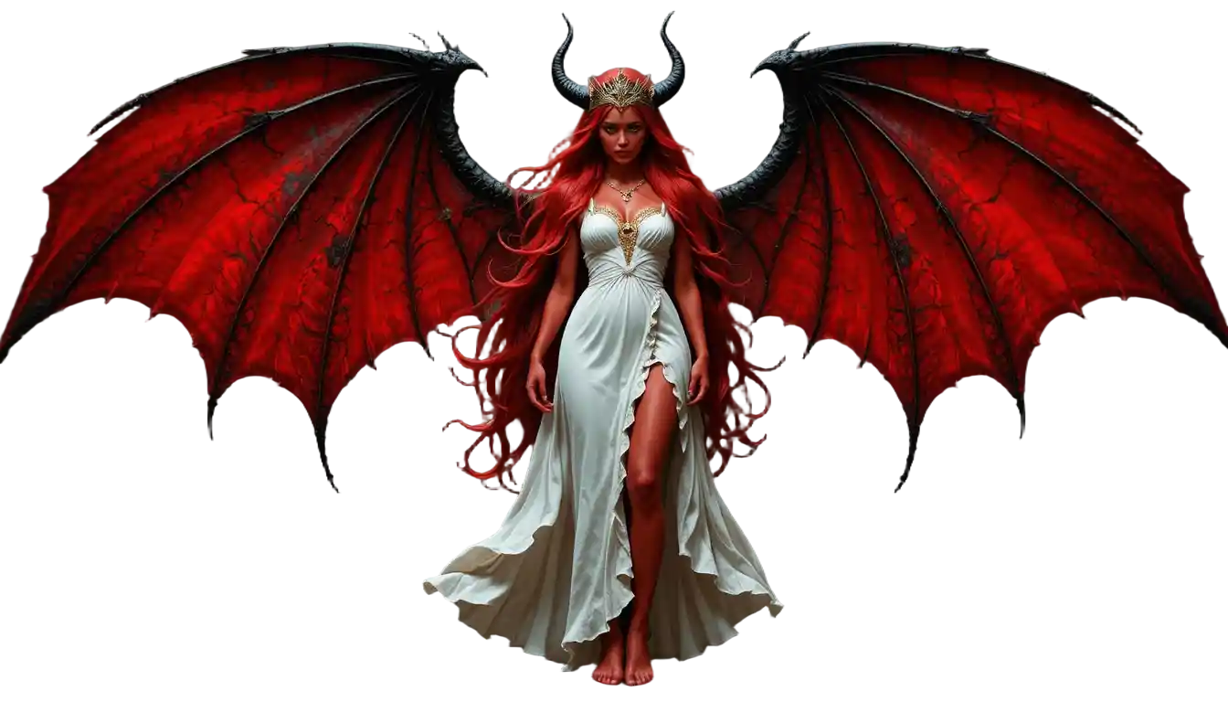Red skinned winged demon woman in a white sun dress