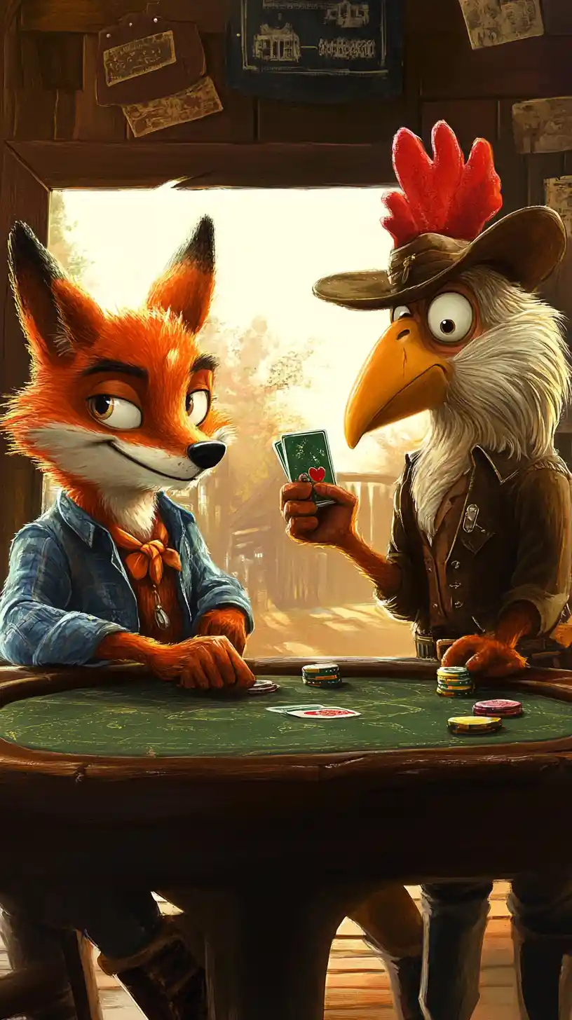 Raposa astuta e galo esperto jogando pôquer em um bar