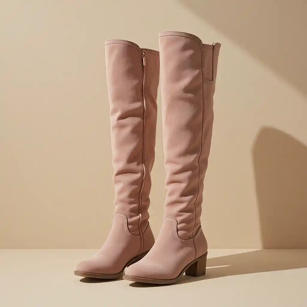 Botas de inverno em camurça rosa pastel em fundo bege de estúdio