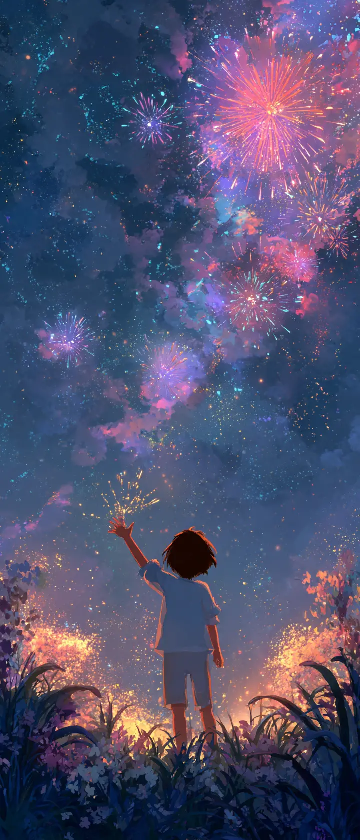 Child reaching for a falling star under colorful fireworks