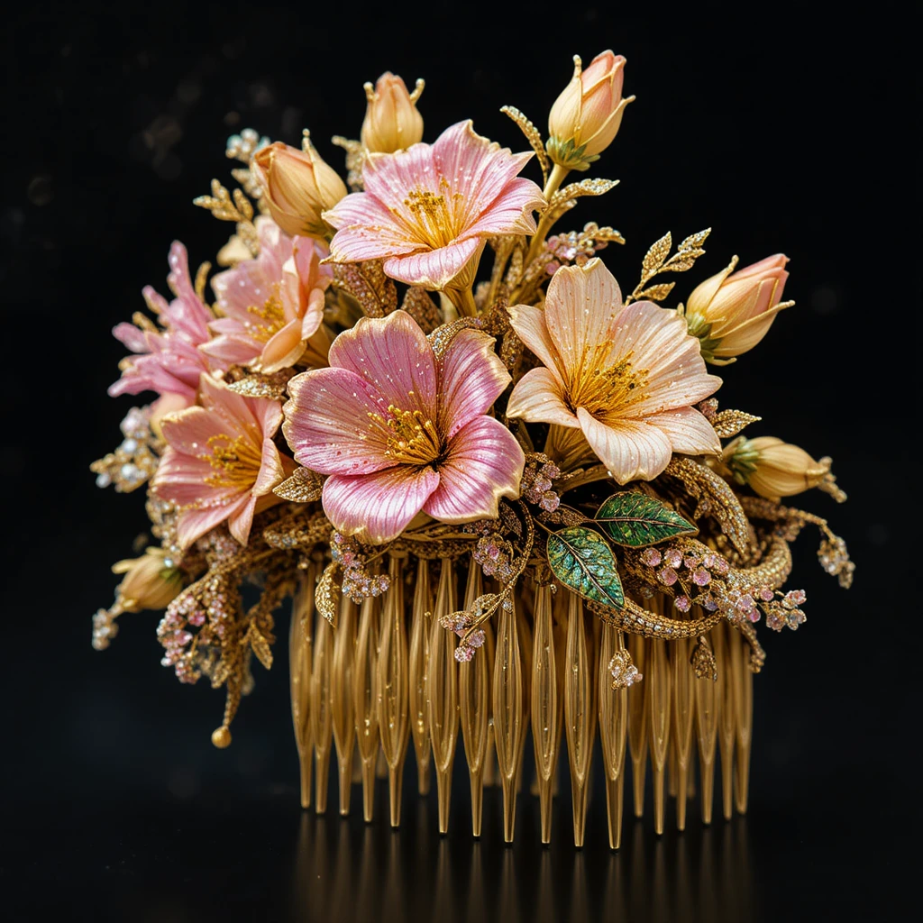 Goldener Freesien-Haarkamm mit rosa und gelben Edelsteinblüten