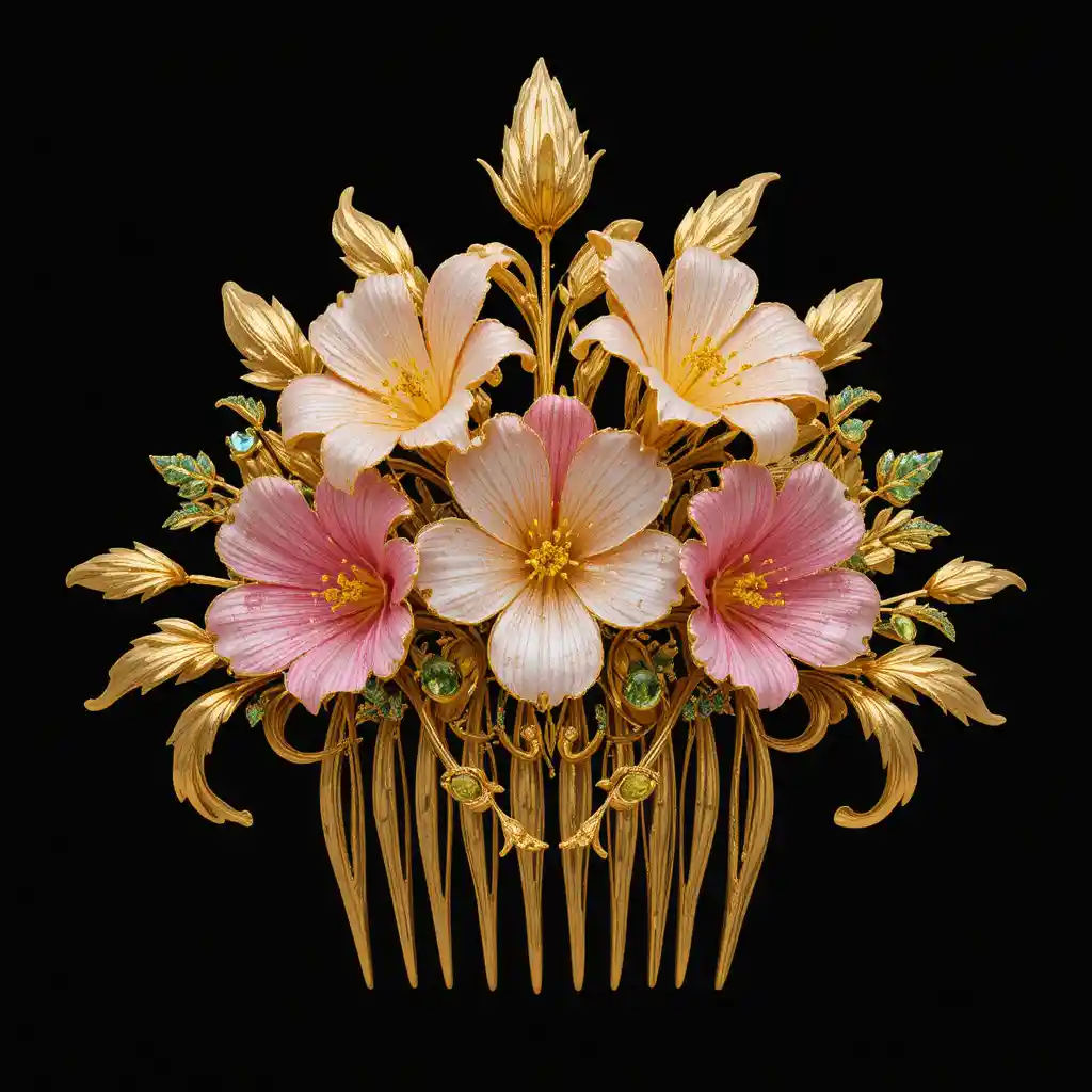Peigne doré à fleurs de freesia en topaze rose et jaune